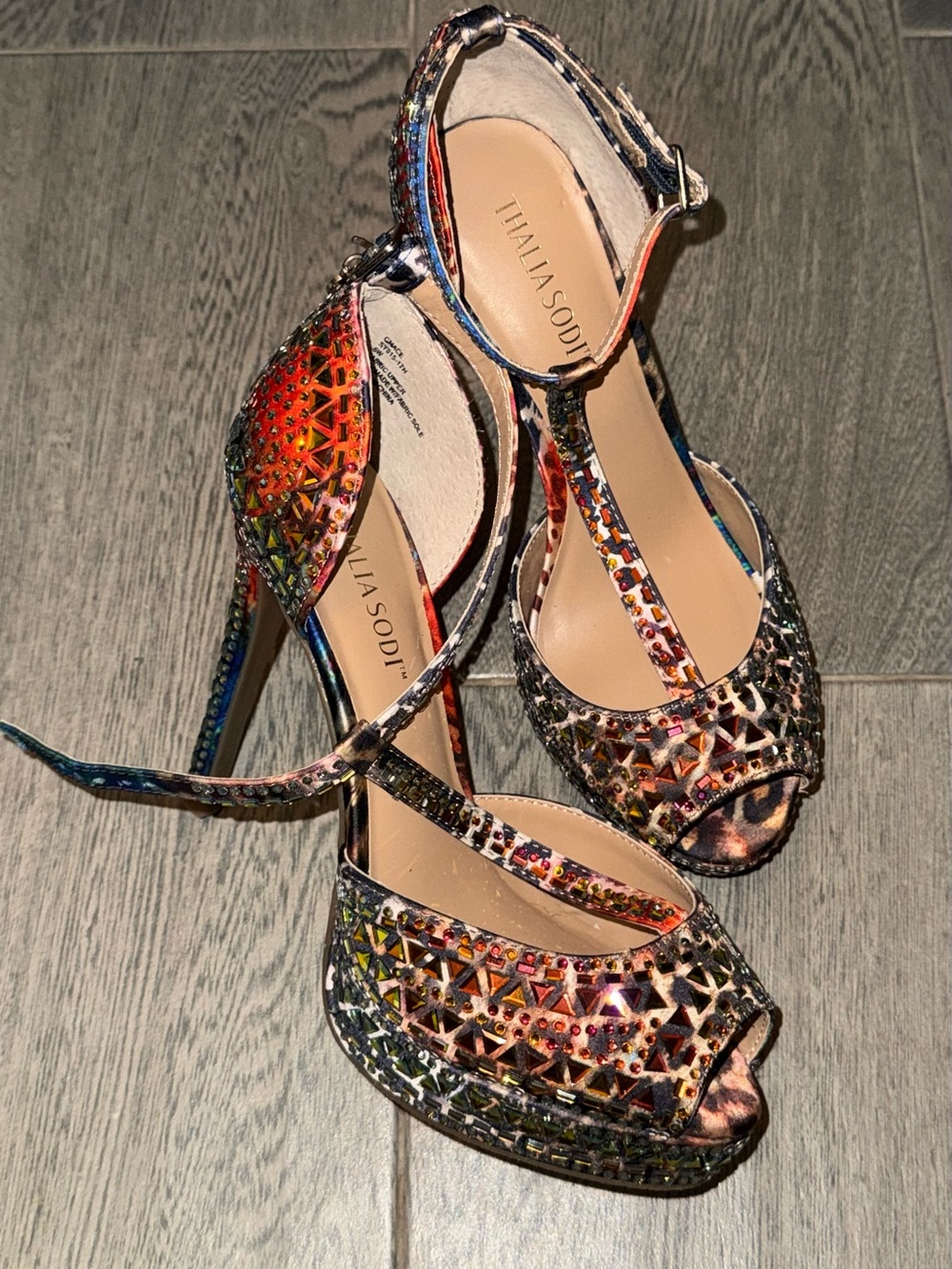 Thalia Sodi Multicolor Rhinestone T-Strap High Heel Sandals